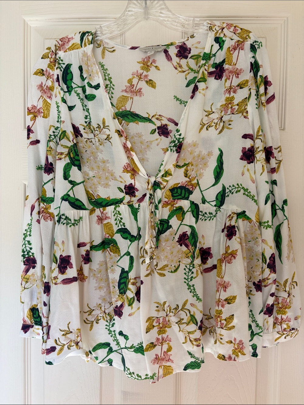 Lucky Brand Cream Blouse with Green and Purple Floral Print